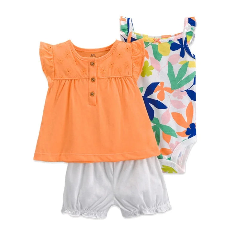 Conjunto Bebê Menina 3 Peças Vestido  com Estampas E Tapa Fralda  E Body  Bordado