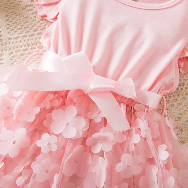 Vestido Infantil Menina de Festa com Tule e Aplicação Floral Laço na Cintura