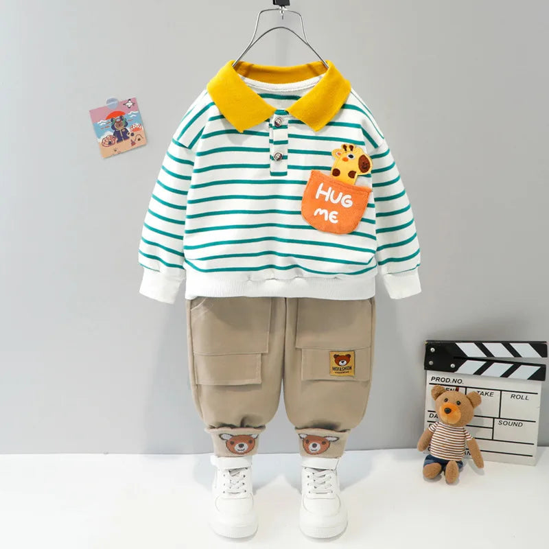 Conjunto Infantil Menino 2 Peças Blusa Polo Manga Longa Listrada  + Calça Cargo Bege