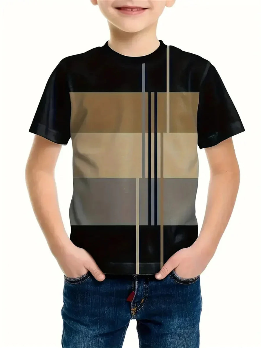 Camiseta Infantil Manga Curta com Faixa Listrada no Peito e Mangas