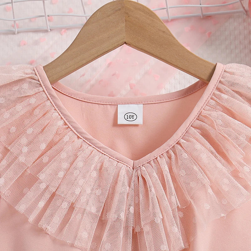 Vestido Infantil Rosê de Tule com Babados e Laço na Cintura