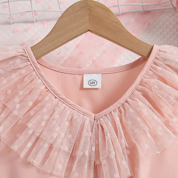 Vestido Infantil Rosê de Tule com Babados e Laço na Cintura