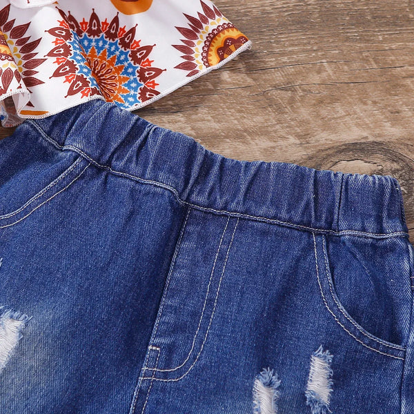 Conjunto Bebê Menina 2 Peças Blusa Alcinha Estampada Floral Boho e Short Jeans