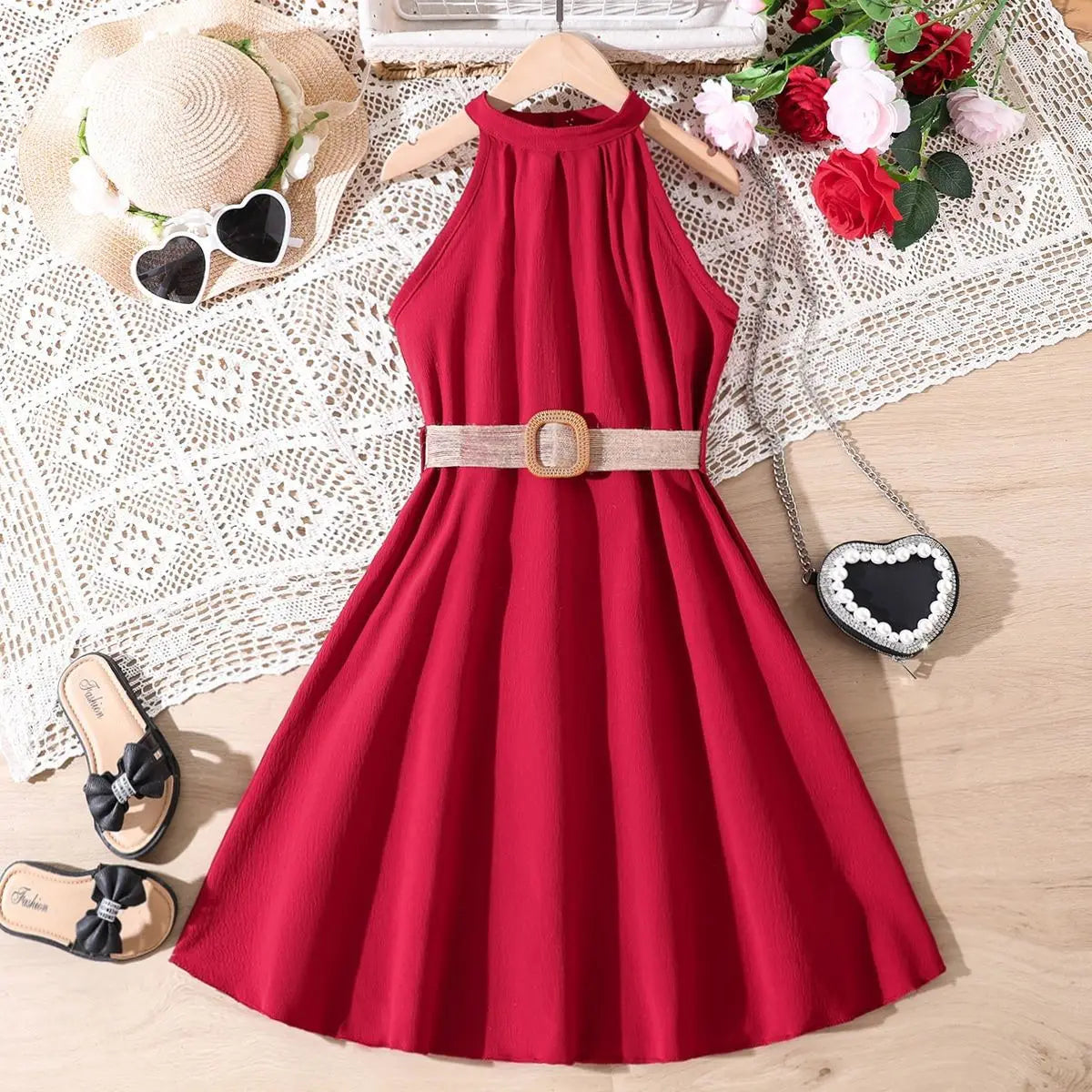 Vestido Infantil Menina Gola Halter Sem Manga com Cinto e Saia Evasê