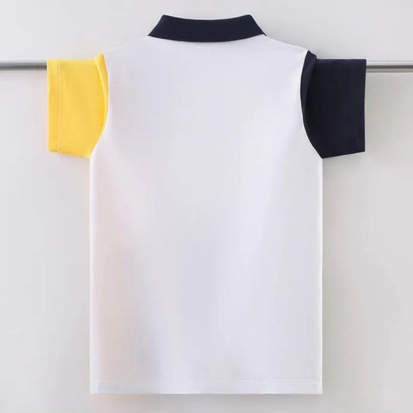 Camisa Polo Infantil Manga Curta Color Block Tricolor com Gola Contrastante
