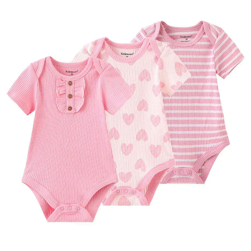 Kit Body Bebê Menina Manga Curta Estampas Variadas 3 Peças