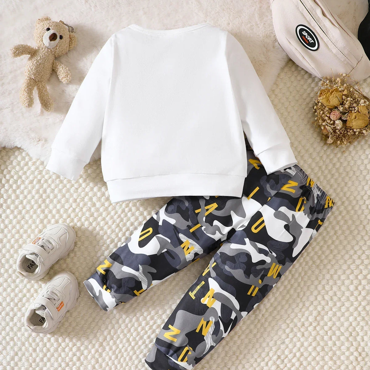 Conjunto Infantil Menino 2 Peças Blusa Manga Longa Estampa Urso e Calça Camuflada