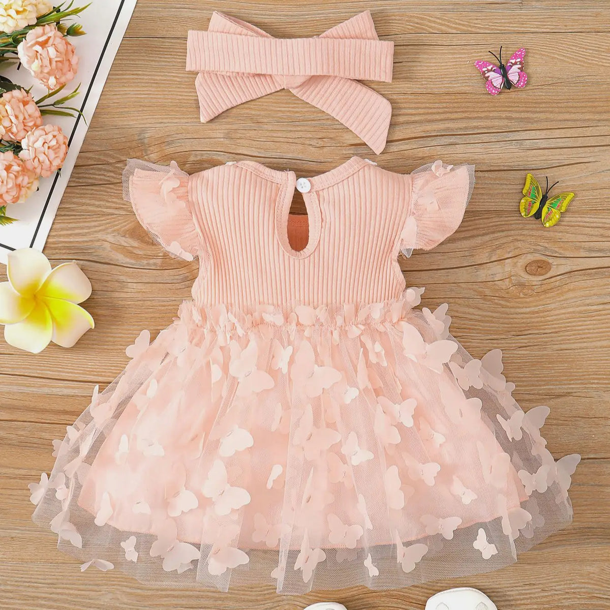 Vestido Bebê Menina Manga Curta Malha Canelada Saia de Tule com Apliques Borboleta