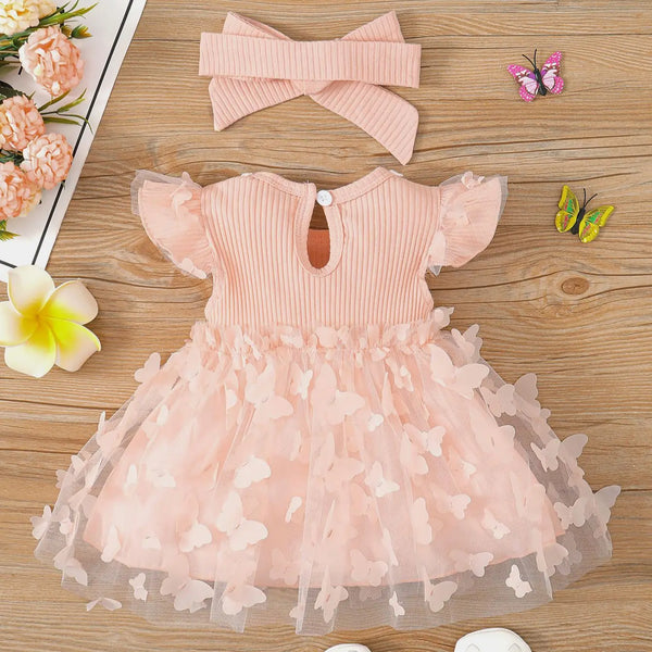 Vestido Bebê Menina Manga Curta Malha Canelada Saia de Tule com Apliques Borboleta