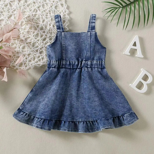 Vestido Bebê Menina Jeans Jardineira com Alças e Botões Barra com Babado
