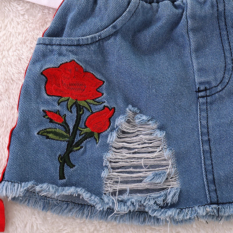 Conjunto Infantil Menina Camiseta Manga Curta Estampa Frase e Rosas + Saia Jeans 2 Peças