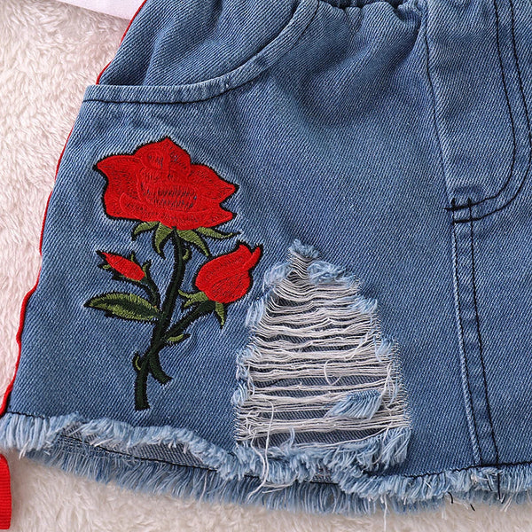 Conjunto Infantil Menina Camiseta Manga Curta Estampa Frase e Rosas + Saia Jeans 2 Peças