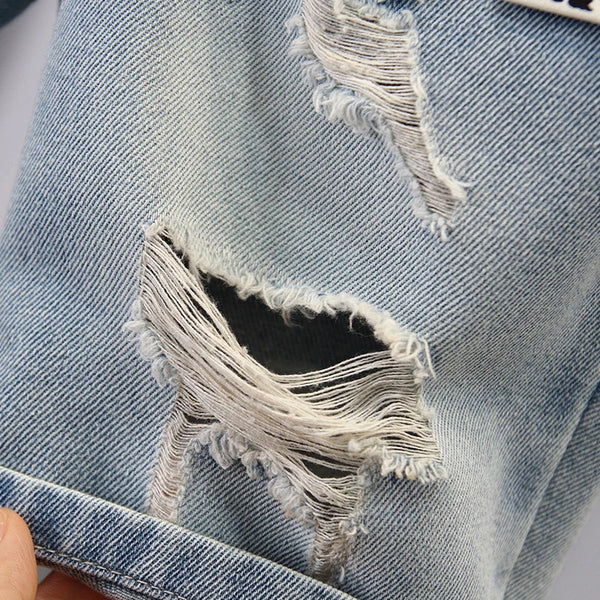 Bermuda Jeans Infantil Menino Destroyed com Cós Elástico e Barra Dobrada