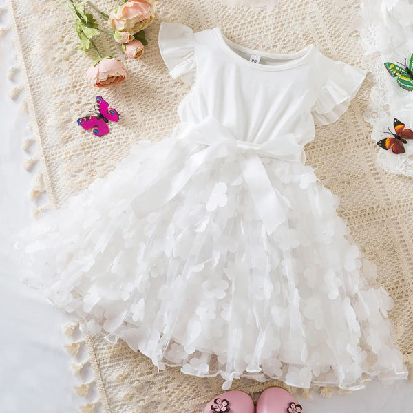 Vestido Infantil Menina de Festa com Tule e Aplicação Floral Laço na Cintura