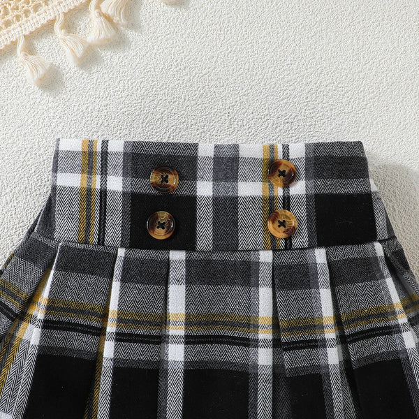 Conjunto Infantil Menina Blusa Cropped Canelada com Laço Xadrez + Saia Xadrez com Botões 2 Peças
