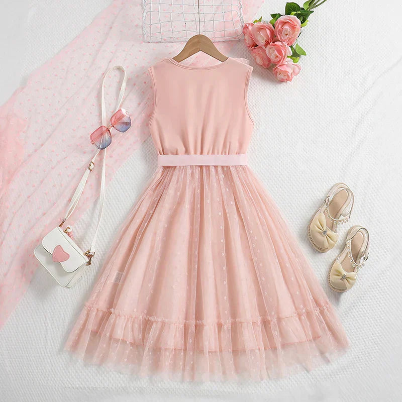 Vestido Infantil Rosê de Tule com Babados e Laço na Cintura