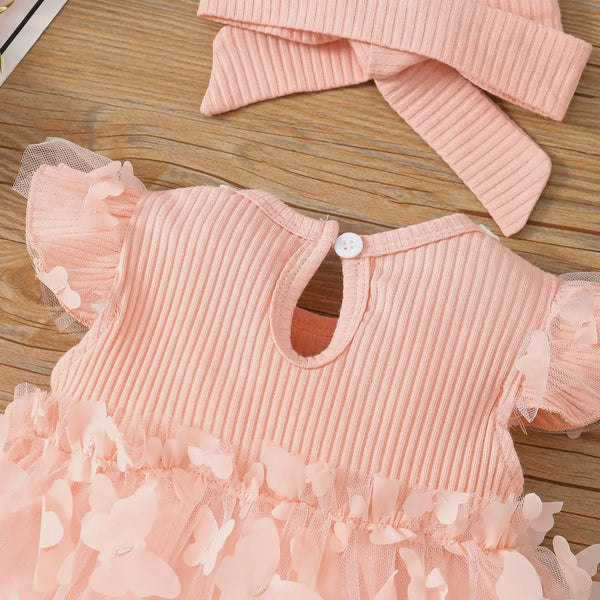 Vestido Bebê Menina Manga Curta Malha Canelada Saia de Tule com Apliques Borboleta