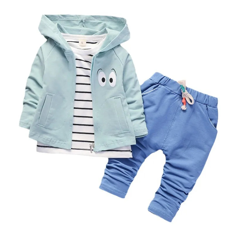 Conjunto Infantil Moleton 3 Peças Casaco com Capuz Camiseta Listrada e Calça
