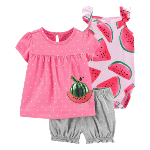 Conjunto Bebê Menina 3 Peças Vestido  com Estampas E Tapa Fralda  E Body  Bordado