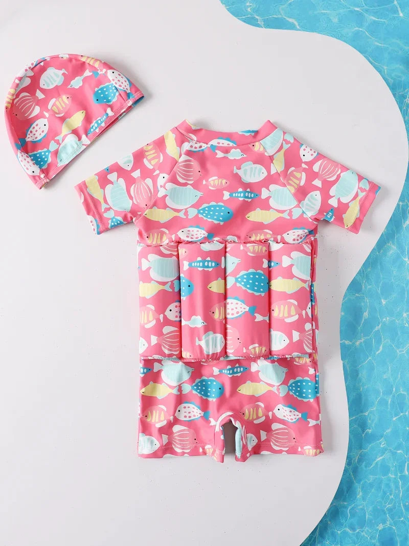Macacão de Banho Infantil com Flutuadores Integrados Manga Curta Zíper Frontal Estampa Náutica