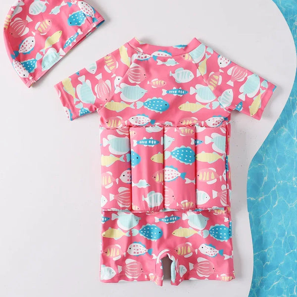 Macacão de Banho Infantil com Flutuadores Integrados Manga Curta Zíper Frontal Estampa Náutica