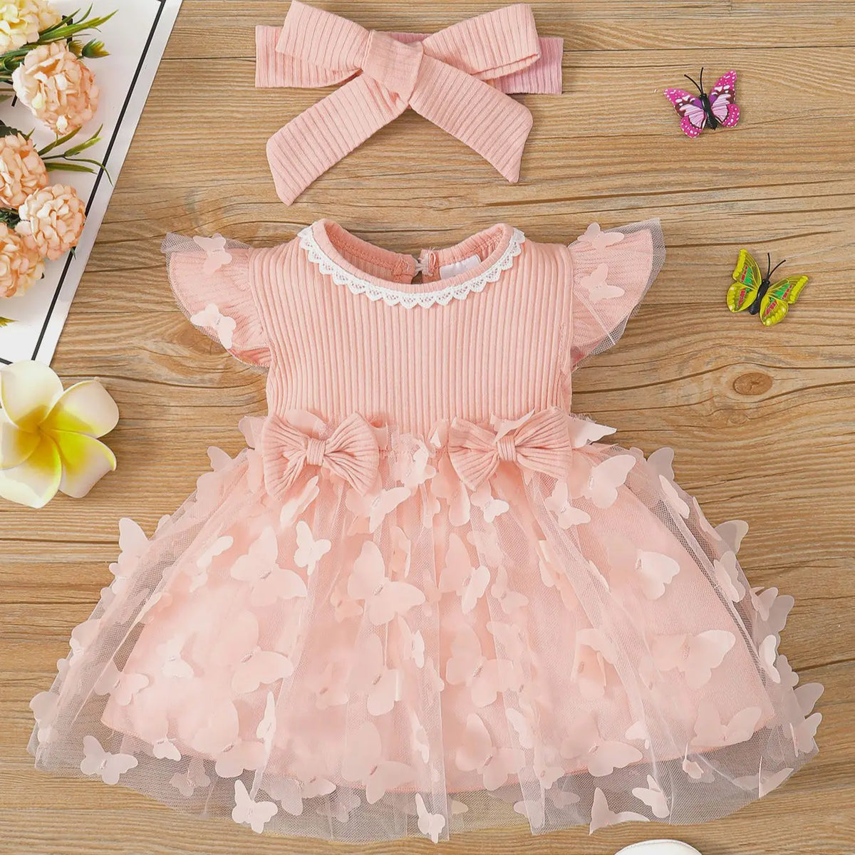 Vestido Bebê Menina Manga Curta Malha Canelada Saia de Tule com Apliques Borboleta