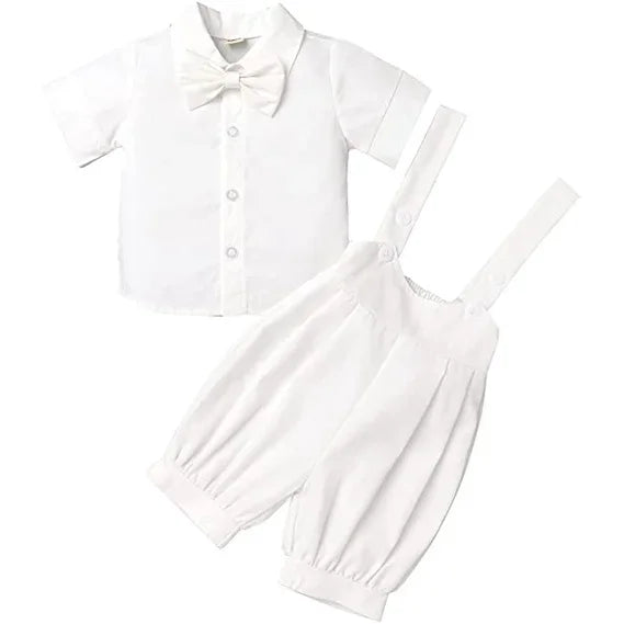 Conjunto Bebê Batizado Branco Jardineira com Suspensório e Camisa Manga Curta