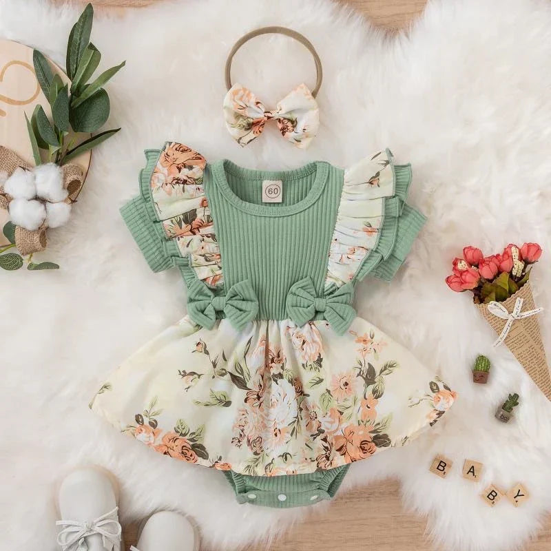 Vestido Recem Nascido Macaquinho Vestido Bebê Malha Canelada Estampa Floral com Babados e Laços