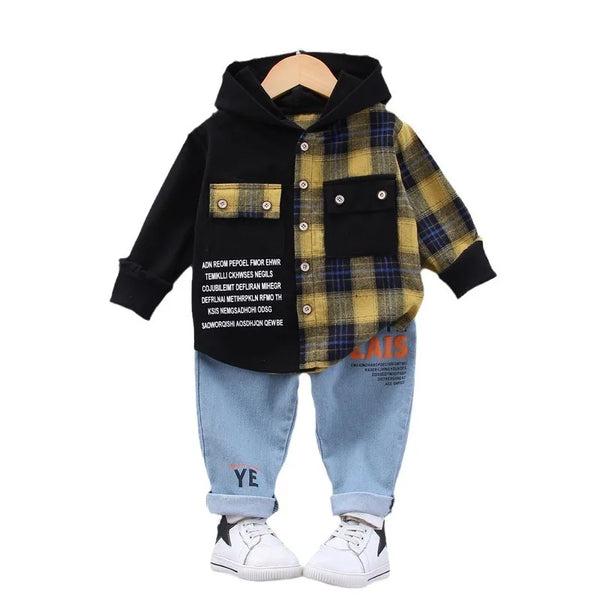 Conjunto Infantil Menino 2 Peças Camisa Xadrez com Capuz  + Calça Jeans