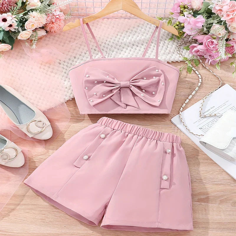 Conjunto Infantil Menina Top Alça Fina com Laço + Short com Detalhe nas Laterais 2 Peças