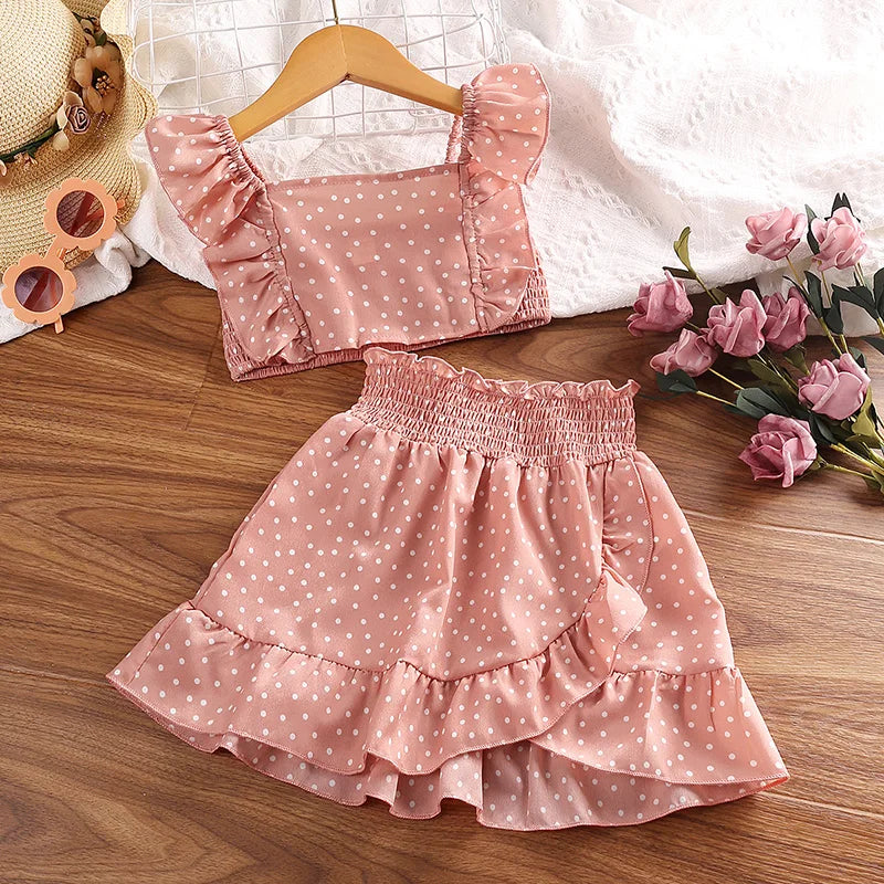 Conjunto Infantil Menina Cropped Poá com Detalhe Franzido + Saia com Babados 2 Peça