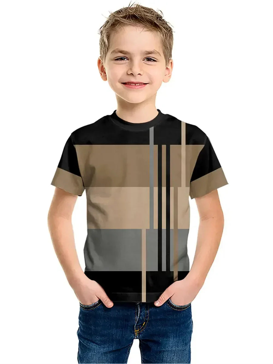 Camiseta Infantil Manga Curta com Faixa Listrada no Peito e Mangas