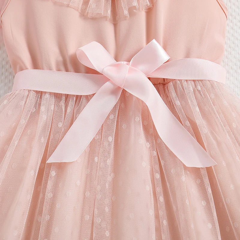Vestido Infantil Rosê de Tule com Babados e Laço na Cintura