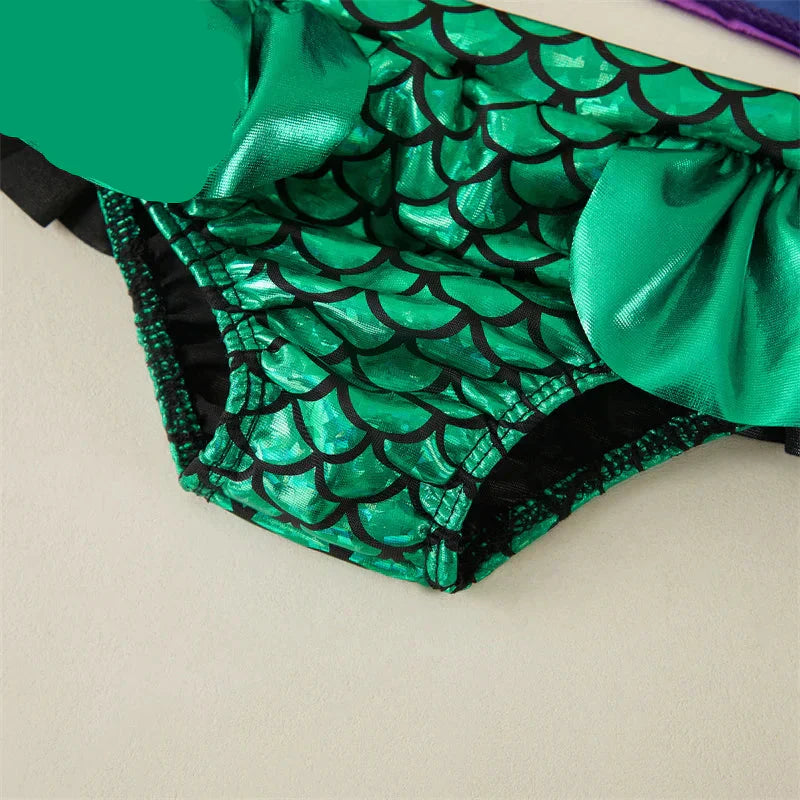 Biquíni Infantil 2 Peças Fantasia Sereia Top Roxo e Calcinha Verde com Babado