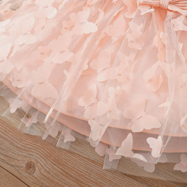 Vestido Bebê Menina Manga Curta Malha Canelada Saia de Tule com Apliques Borboleta