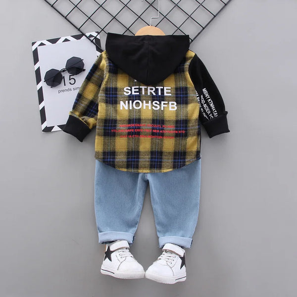 Conjunto Infantil Menino 2 Peças Camisa Xadrez com Capuz  + Calça Jeans