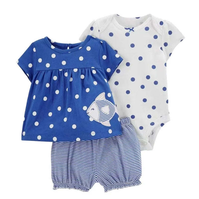 Conjunto Bebê Menina 3 Peças Vestido  com Estampas E Tapa Fralda  E Body  Bordado