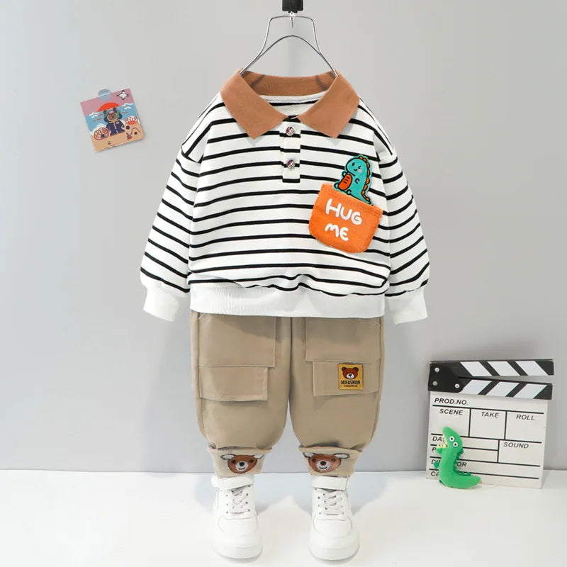 Conjunto Infantil Menino 2 Peças Blusa Polo Manga Longa Listrada  + Calça Cargo Bege