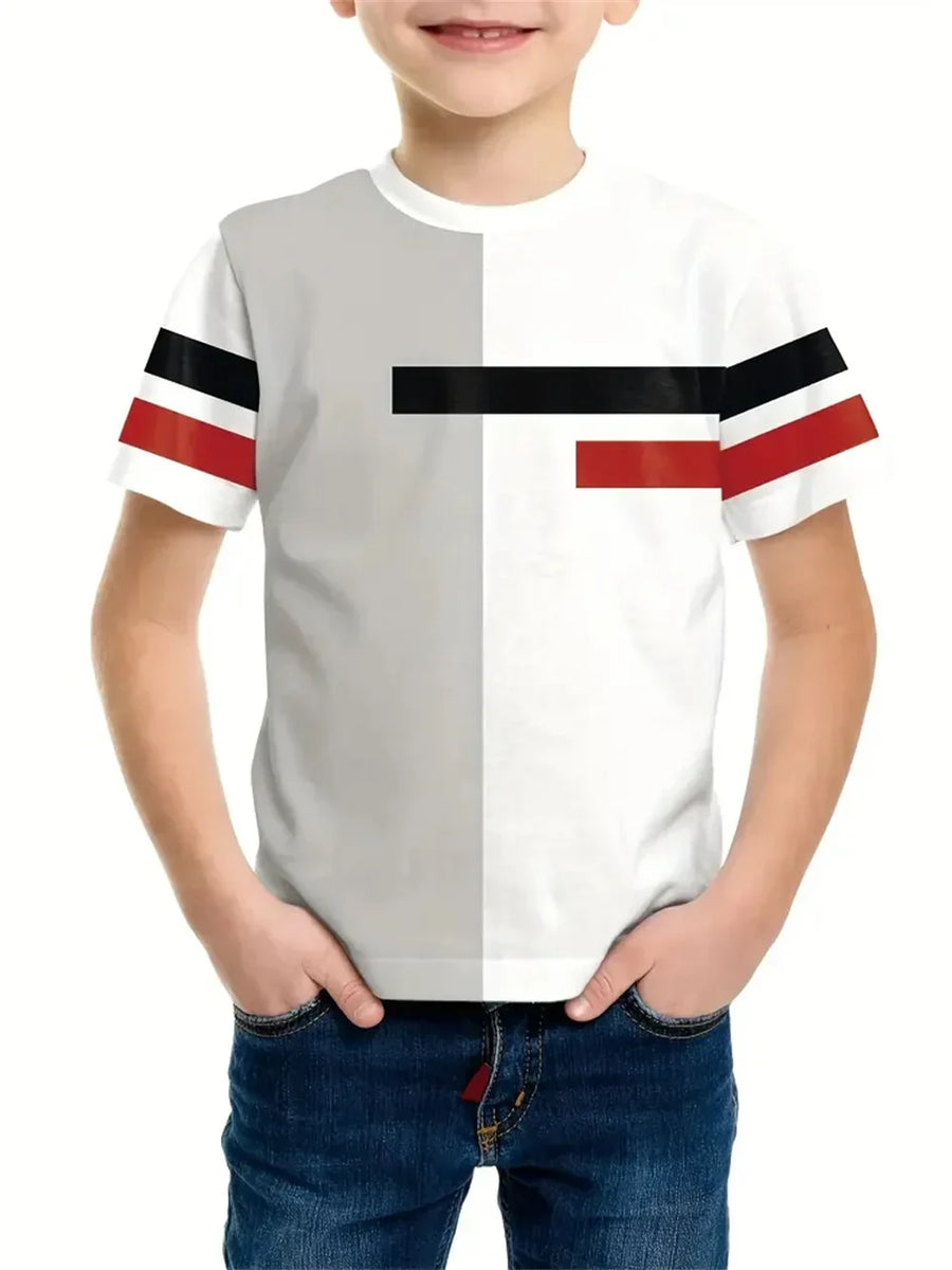 Camiseta Infantil Manga Curta com Faixa Listrada no Peito e Mangas
