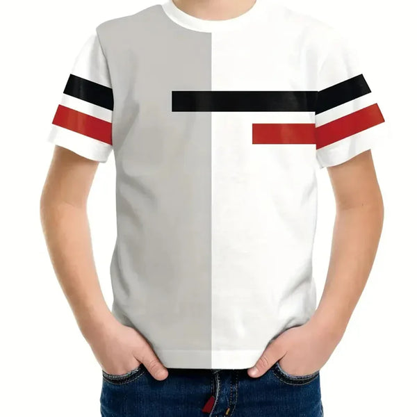 Camiseta Infantil Manga Curta com Faixa Listrada no Peito e Mangas