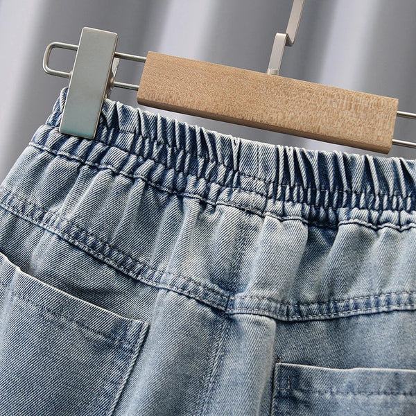 Bermuda Jeans Infantil Menino Destroyed com Cós Elástico e Barra Dobrada
