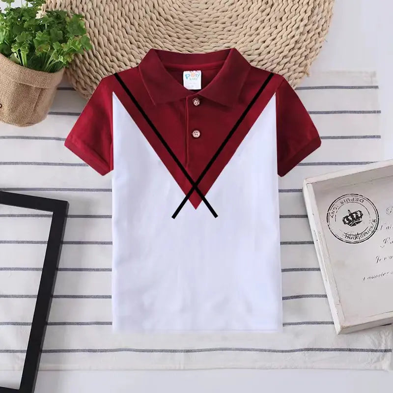 Camisa Polo Infantil Manga Curta Bicolor com Gola Branca e Detalhe em V Contrastante