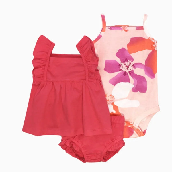 Conjunto Bebê Menina 3 Peças Vestido  com Estampas E Tapa Fralda  E Body  Bordado
