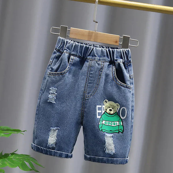 Bermuda Jeans Infantil Menino com Cós Elástico e Aplicação Urso