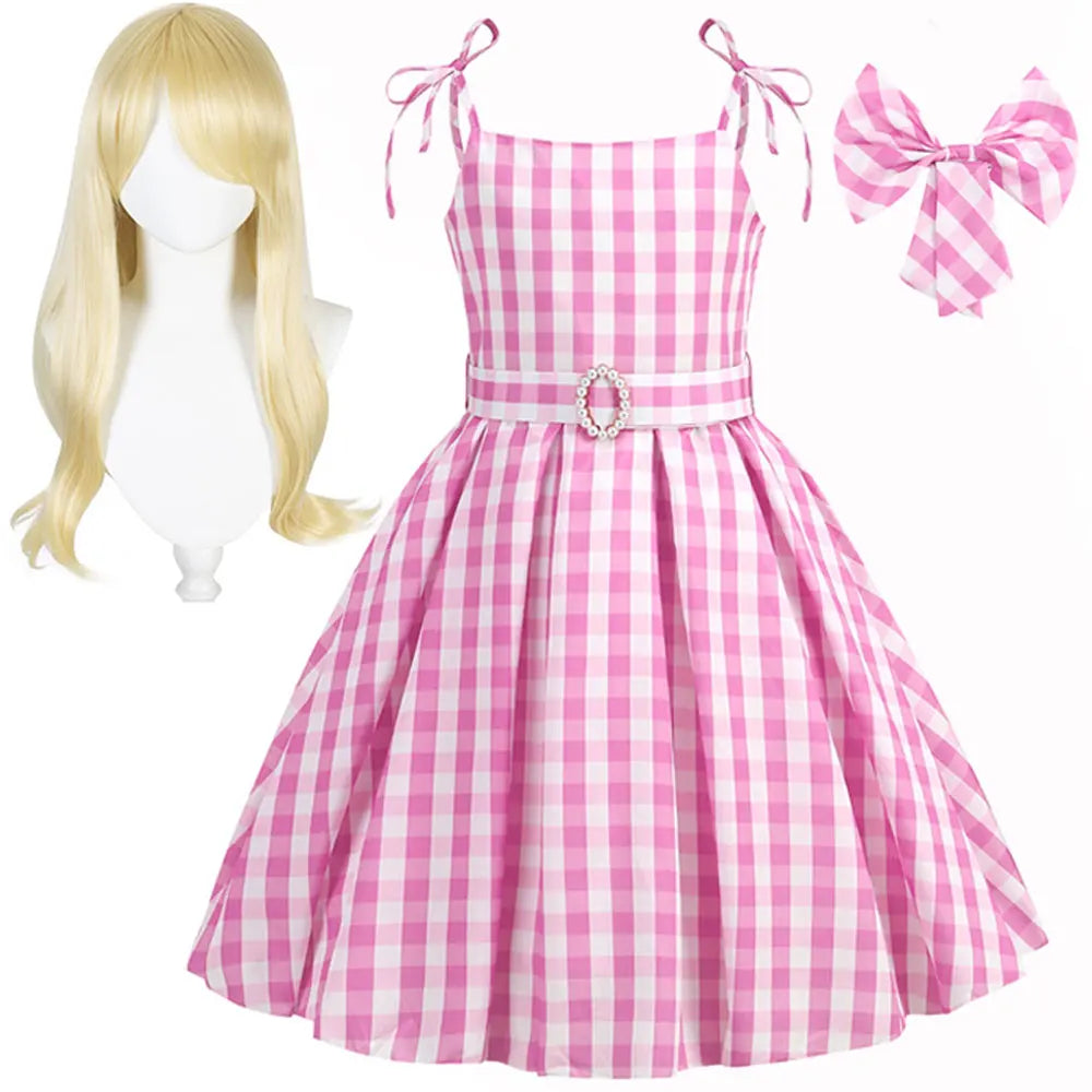 Vestido Infantil Menina Xadrez Vichy Alças com Laço Saia Rodada