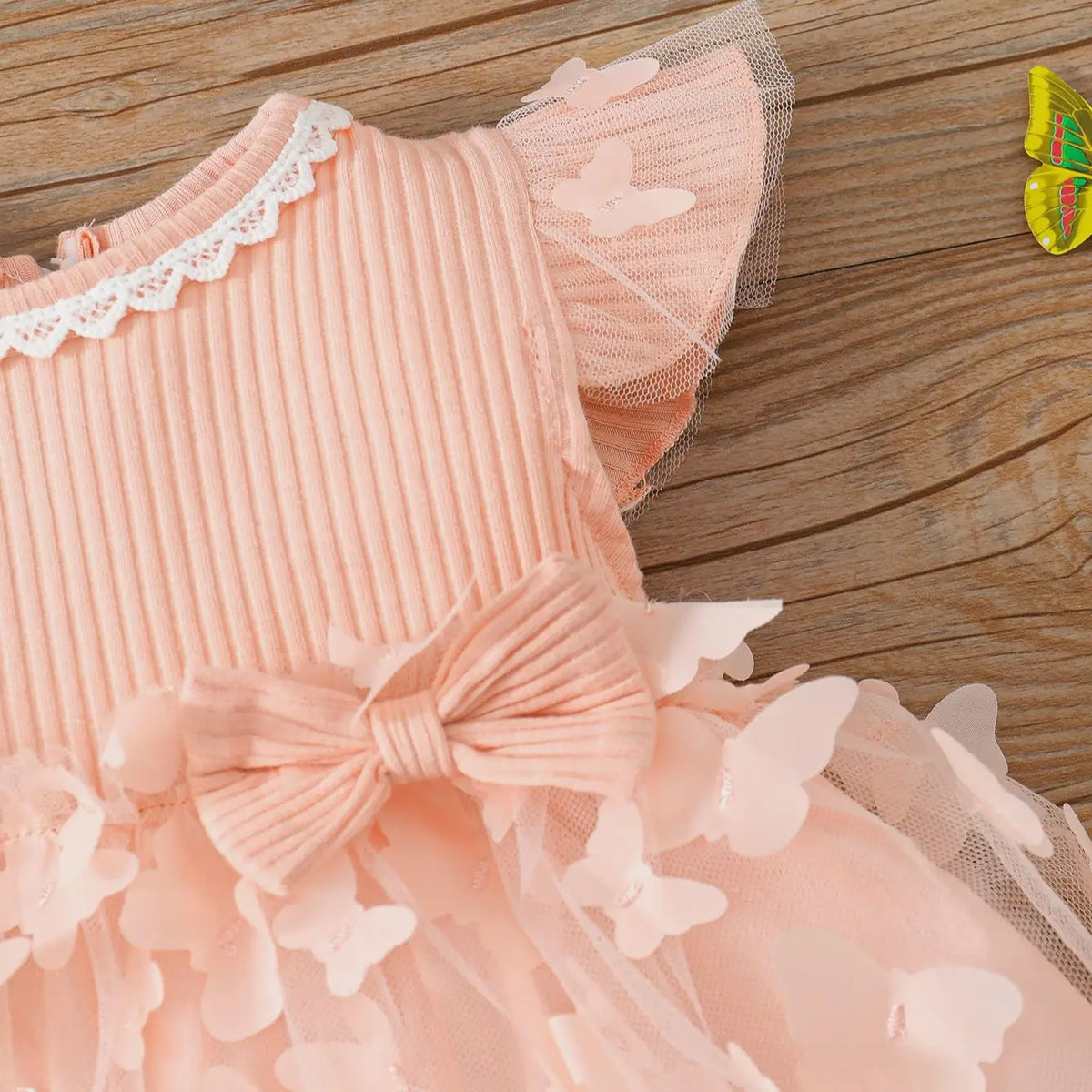 Vestido Bebê Menina Manga Curta Malha Canelada Saia de Tule com Apliques Borboleta