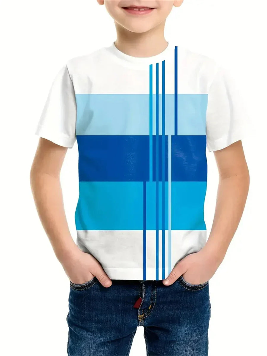 Camiseta Infantil Manga Curta com Faixa Listrada no Peito e Mangas