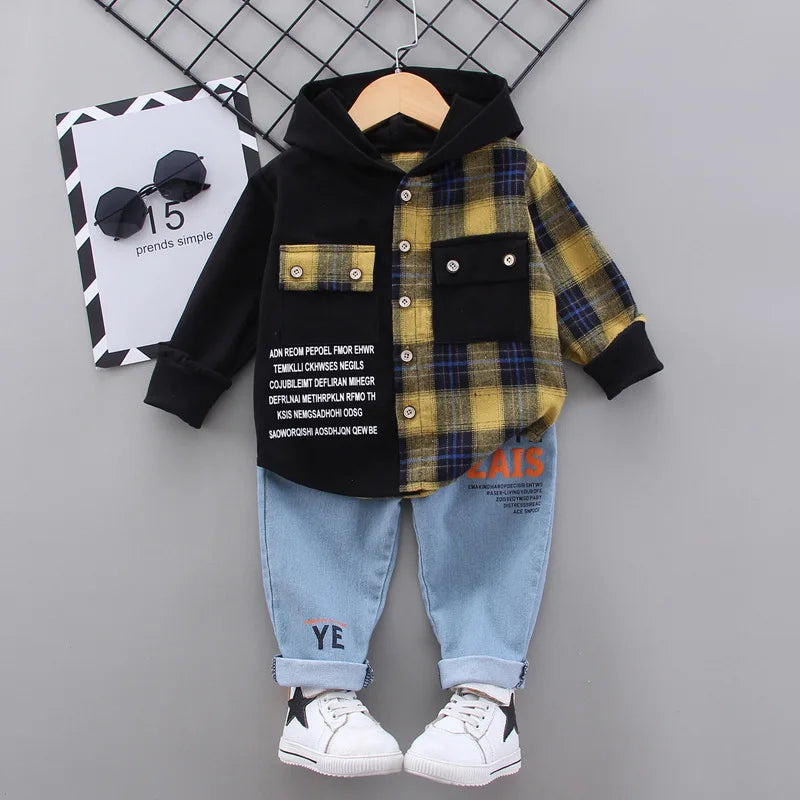 Conjunto Infantil Menino 2 Peças Camisa Xadrez com Capuz  + Calça Jeans