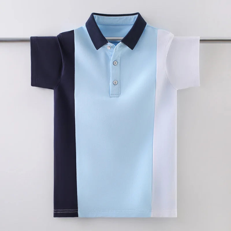 Camisa Polo Infantil Manga Curta Color Block Tricolor com Gola Contrastante