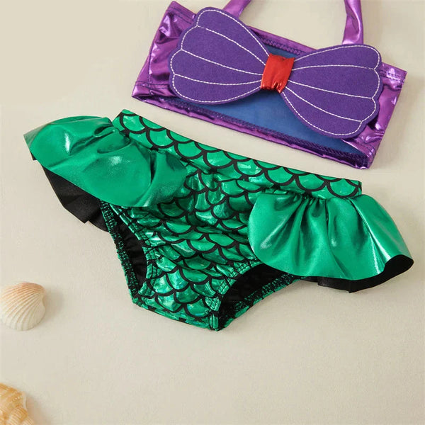 Biquíni Infantil 2 Peças Fantasia Sereia Top Roxo e Calcinha Verde com Babado